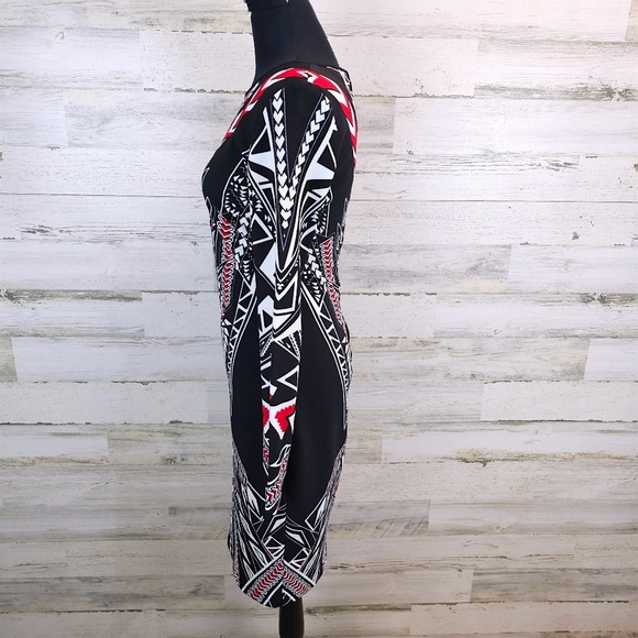 Bisou Bisou Michele Bohbot Geometric Print Bodycon Dress Black Red White 10 - Picture 4 of 16